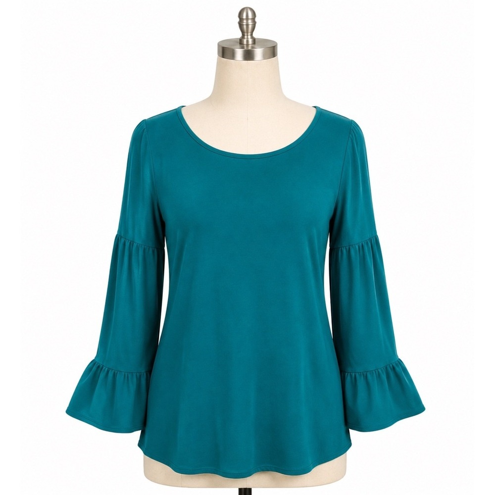 LOFT Teal Green Bell Sleeve Boat Neck Keyhole Back Blouse Women's Small